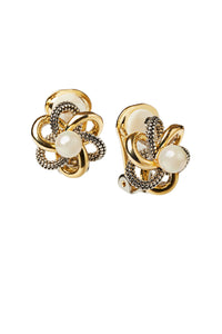 Two-Tone Pearl Center Knot Earrings, Gold/Silver/Pearl | Ming Wang