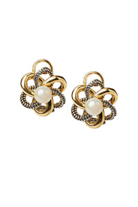 Two-Tone Pearl Center Knot Clip Earrings, Gold/Silver/Pearl | Ming Wang