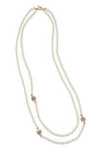 Long Double Strand Pearl and Flower Accent Necklace, Gold/Silver/Pearl | Ming Wang