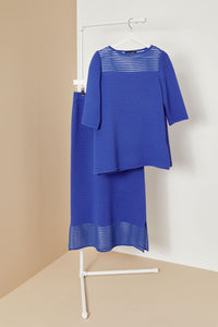 Plus Size Sheer Yoke Textured Soft Knit Tunic, Dazzling Blue | Meison Studio Presents Ming Wang