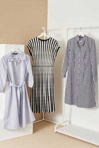 Abstract Stripe Cap-Sleeve Soft Knit Dress, White/Black | Meison Studio Presents Ming Wang