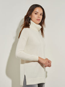 Cable Knit Detail Cashmere Turtleneck Sweater, Ivory, Ivory | Meison Studio Presents Misook