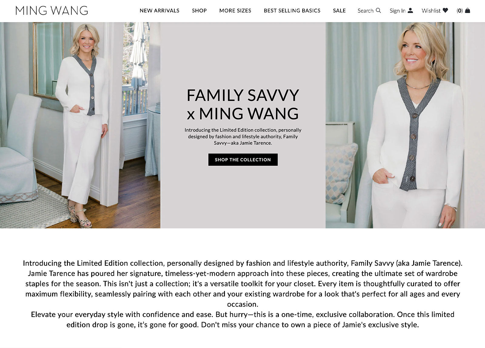 The mingwang.com homepage — the Family Savvy x Ming Wang limited-edition collaboration