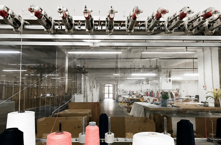 Yarn cones in the foreground of the knitting floor, the workroom stretching beyond