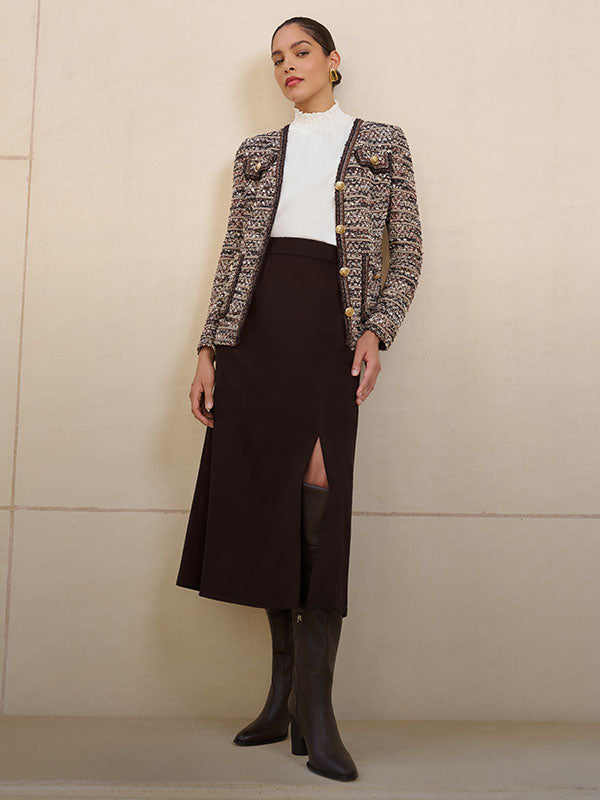 Ming Wang — bouclé tweed jacket over a column skirt